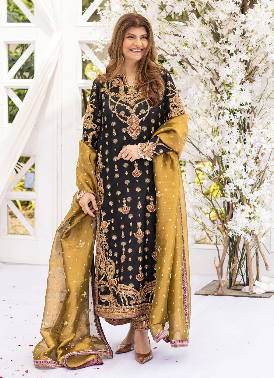 Bita Black ensemble pakistani fashion outfit in black tones.